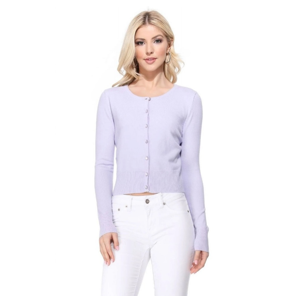 YEMAK Women's Long Sleeve Crewneck Cropped Button Down Cardigan Sweater - Medium